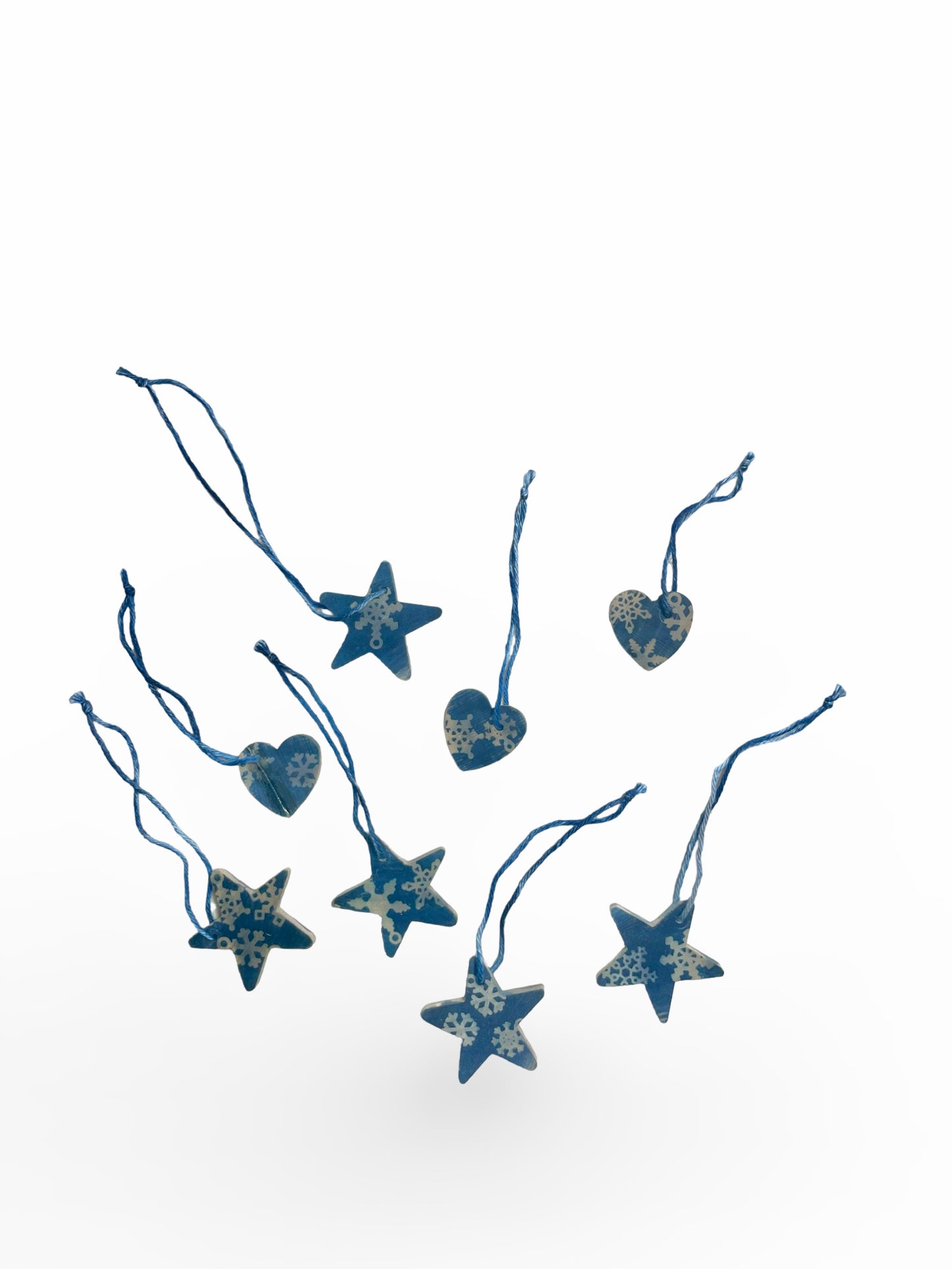 WOODEN CYANOTYPE ORNAMENTS - HEARTS AND STARS