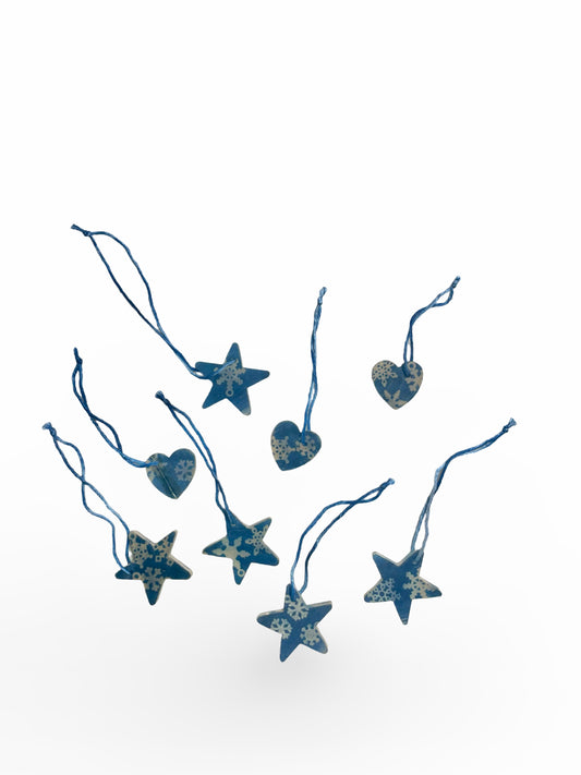 WOODEN CYANOTYPE ORNAMENTS - HEARTS AND STARS